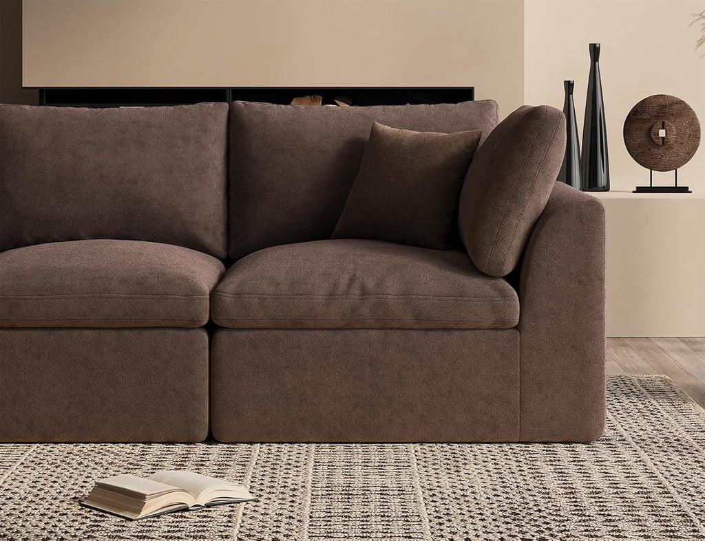 110" Cloud Sectional Couches , Boneless L-Shape Couch with Ottoman, 3 Seater Modular Sectional Sofa, Brown