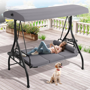 Outdoor Porch Swing with Canopy and Stand, 3 Person Patio Swing for Adults, Convertible 2 in 1 Porch Bed Swing with