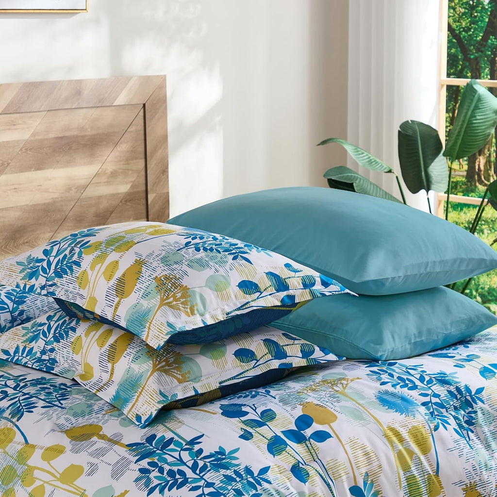 7Pieces King Comforter Set, Blue Yellow Botanical Bed in a Bag Complete Set with Sheet Pillowcase All Season