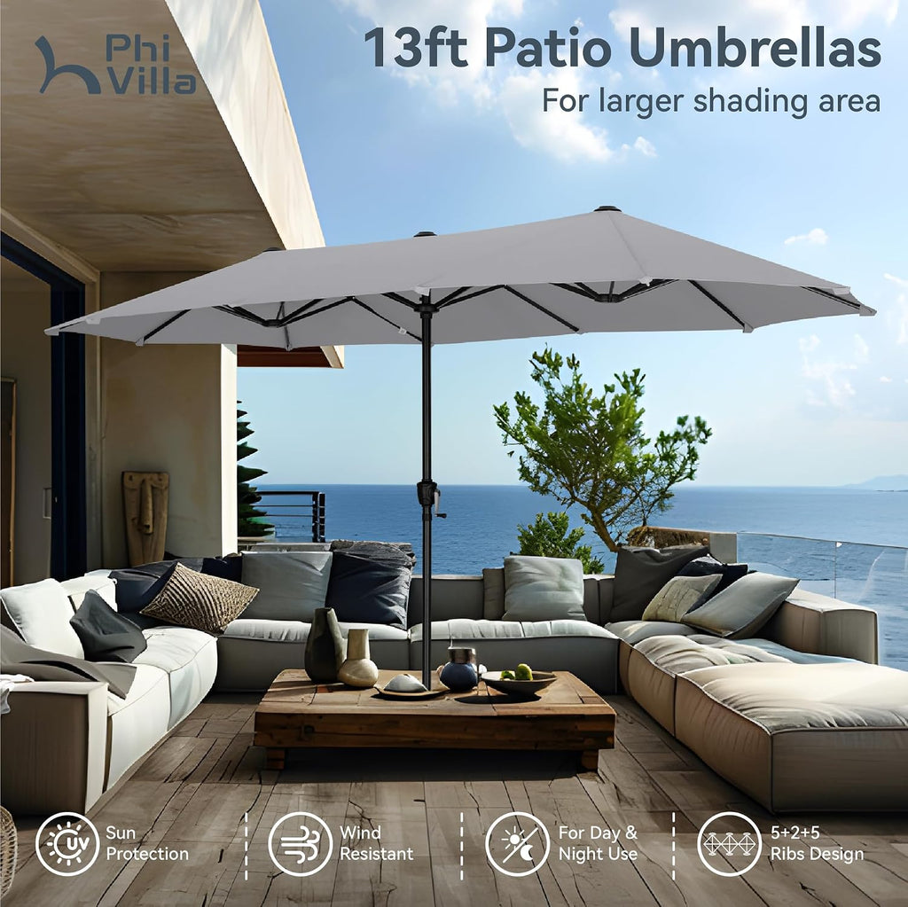 13ft Large Patio Umbrellas, Double-Sided Outdoor Market Rectangle Umbrella Light Gray