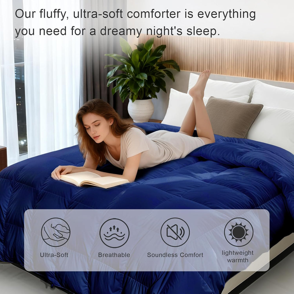 Luxury Goose Feather Down Fiber Comforter Queen, 300TC Blue Cotton Blended Duvet Insert