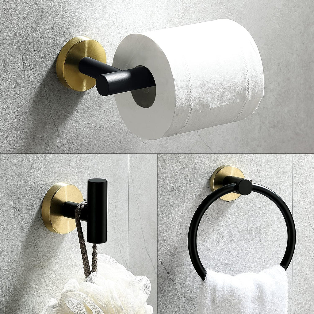 4 Piece Stainless Steel Matte Black and Brushed Gold Bathroom Hardware Set Include Hand Towel Ring Holder, Toilet