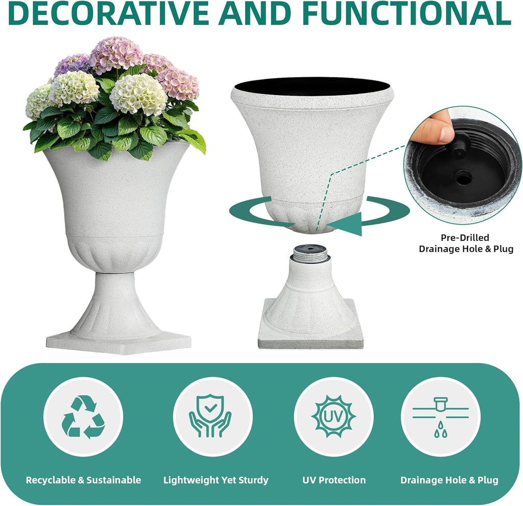 2-Pack 22" White Terrazzo Plastic Urn Planters with Drainage Holes | Set of 2 PP urn planters with white terrazzo