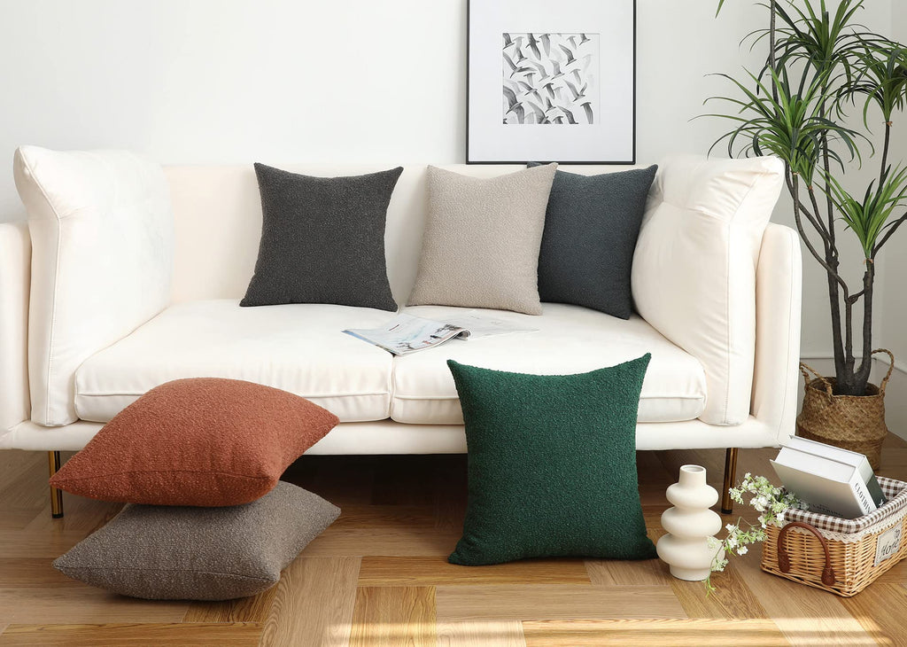 Ivory Decorative Square Thick Throw Pillow Covers Fine Textured Boucle Couch Cushion Cases Livingroom Sofa Decor, Set