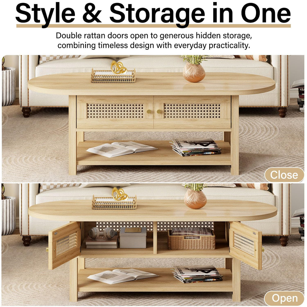 Oval Rattan Coffee Table, 47" Boho Wood Living Room Table with Storage