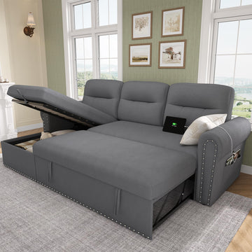 Sleeper Sofa Bed, 83'' Sectional Couch with Reversible Storage Chaise & Nailhead Armrest, Pull Out Couches, Side