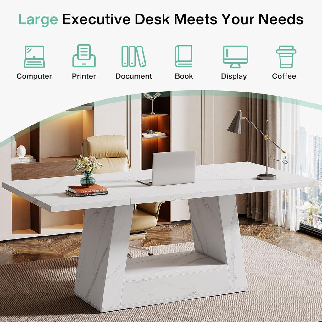 Modern Computer Desk, 63-Inch Large Office Desk Workstation, Simple Style Executive Desk Study Table with Sturdy Base
