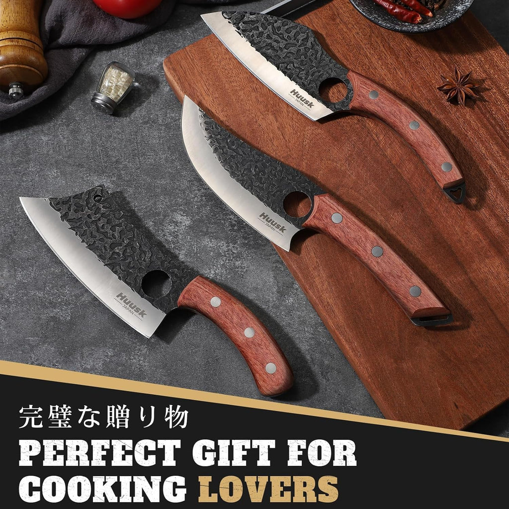 Butcher Knife Set of 3 - Japanese Knife Set for Meat Cutting | Hand Forged Viking Knives Sets with Meat Cleaver