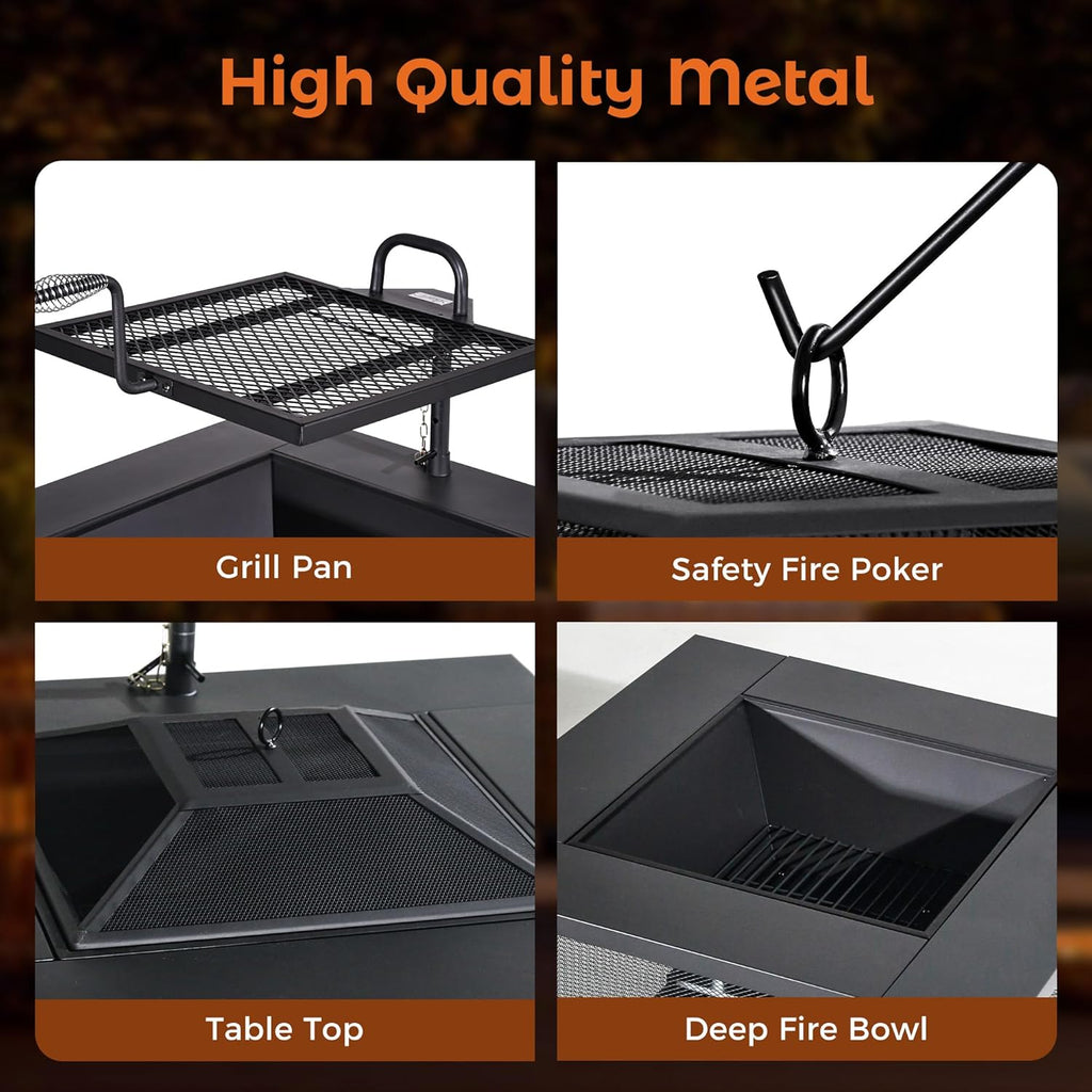 Fire Pit with BBQ, Outdoor Fire Pit for Wood Burning, Patio Firepits for Outside with Grill