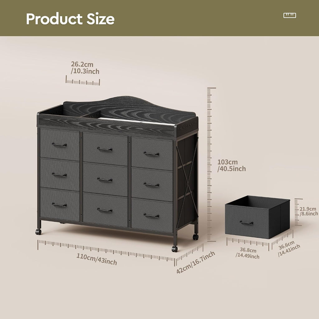 Baby Changing Table, 9 Fabric Boxes, Waterproof Pad, Mobile Nursery, Black | Baby Changing Table,Waterproof Diaper