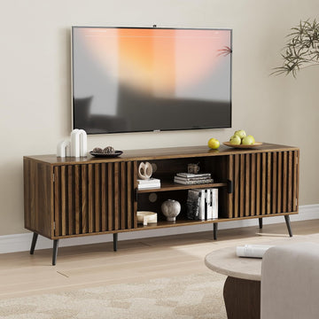 63-Inch TV Stand for TVs up to 70 Inch, Mid-Century Modern Television Stand, Entertainment Center with Fluted Doors