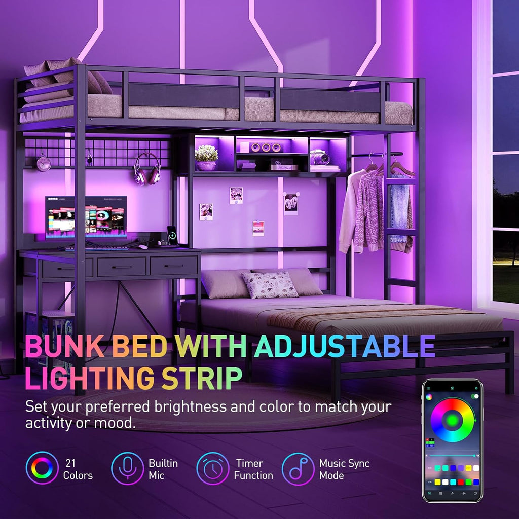 Twin Over Twin Bunk Bed with Desk with 3 Drawers & Storage Shelves, Twin Bunk Bed with Charging Station & LED Lights