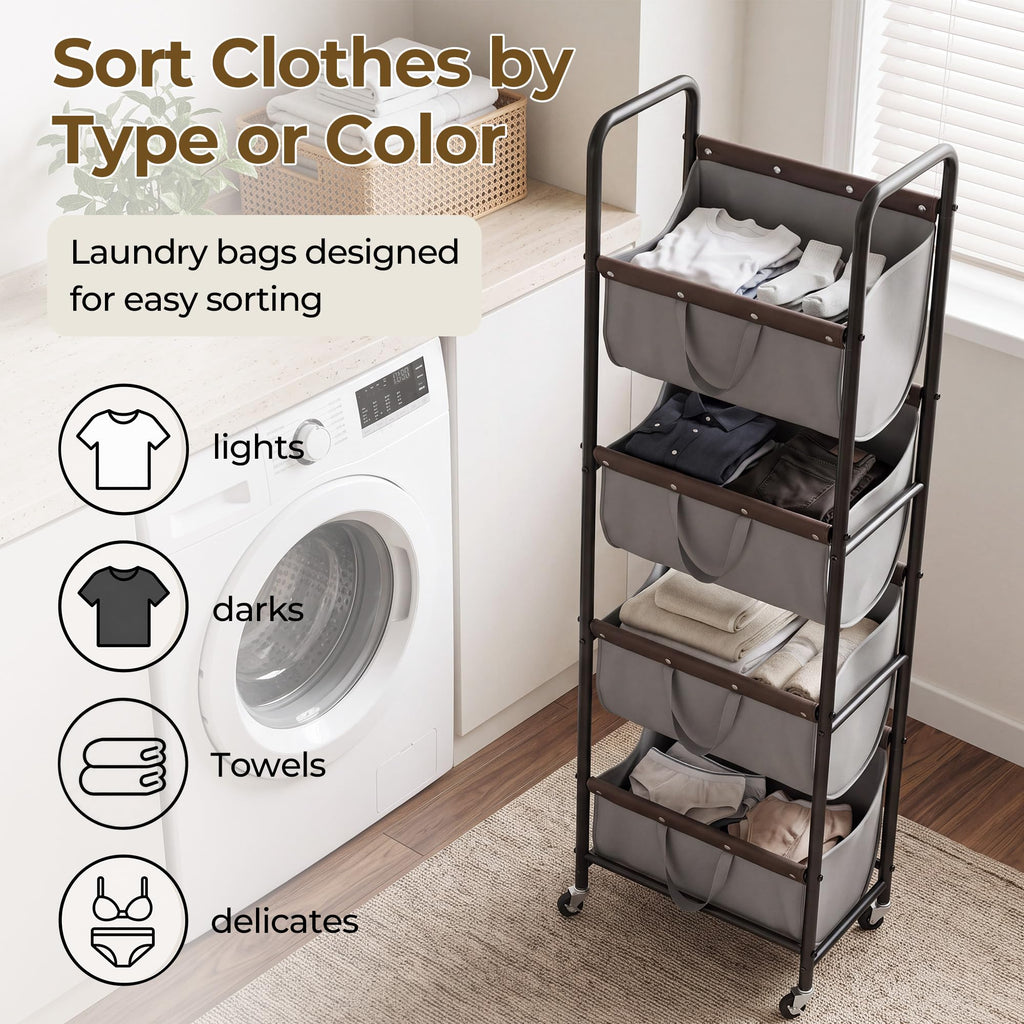 4 Tier Laundry Hamper with Wheels and Removable Bags, Grey