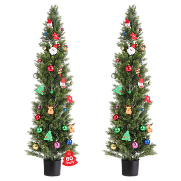 Artificial Topiary Cedar Trees, 60 inch 2 Set Faux Pine Shrubs Plants, Fake Silk Tree Look Real, Easy Assembly for