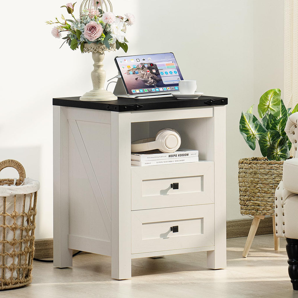 Nightstand with Charging Station and 2 Drawers, Farmhouse