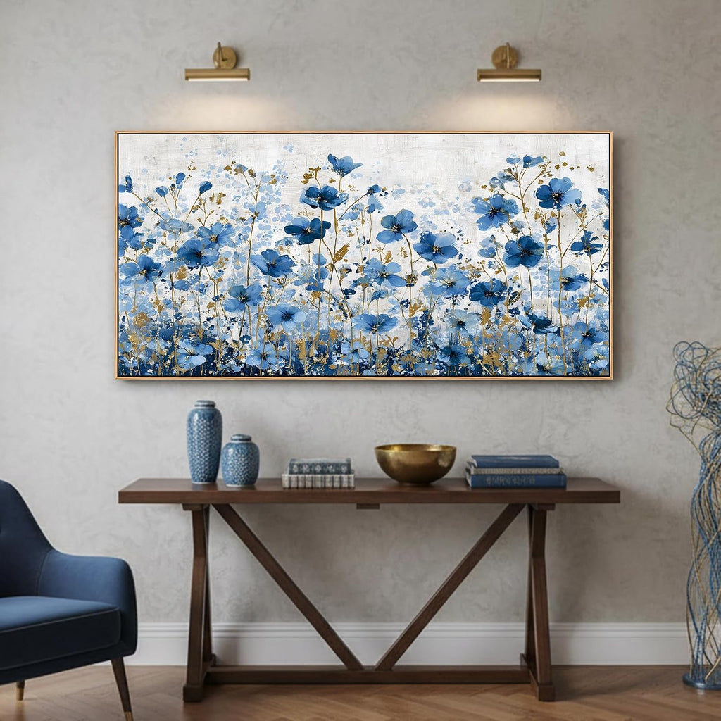 Floral Canvas Wall Art Blue & Gold Framed Flower Print Ready to Hang Modern Boho Decor Bedroom Dining Room