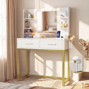 31.5'' Small Vanity Desk with LED Mirror and Lights, White | 3-Color Dimmable LED Mirror, Built In Fast Charging