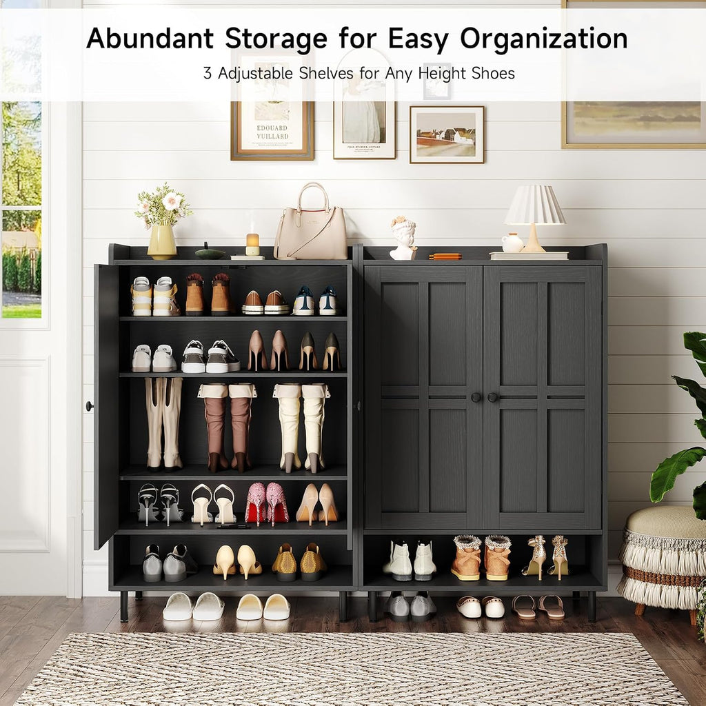 Shoe Cabinet with Cross Molding Doors, 6-Tier Shoe Storage Cabinet with 3 Adjustable Shelves and Metal Legs, 45''