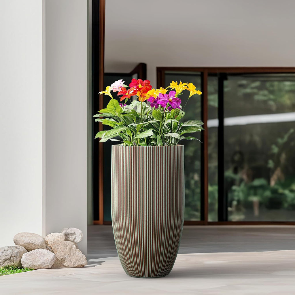 Verdigris Mist XXLarge Fluted Conical Round Planter 24" Tall | Handcrafted Cement Pot, Drainage for Outdoor, Rubber