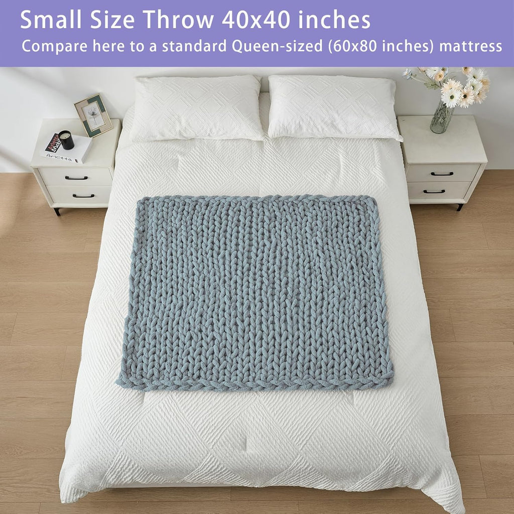 Chunky Knit Throw Blanket, 40x40 inches, 100% Hand Knitted with Thick Jumbo Chenille Yarn, Cozy Soft Large Rope Knot