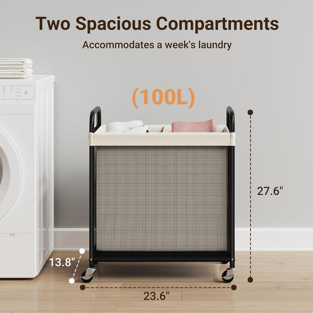Laundry Hamper 2 Section, 100L Rolling Laundry Sorter with Wheels | Removable Washable Liner Bags, Sturdy Steel Frame
