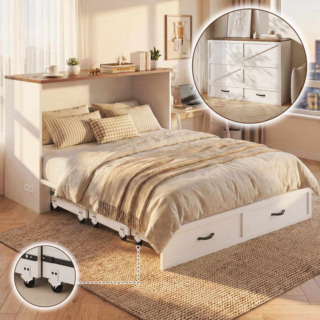 Queen Murphy Bed Frame with Charging Station, Freestanding Cabinet Murphy Bed with Fold-Down Panel & Reinforced