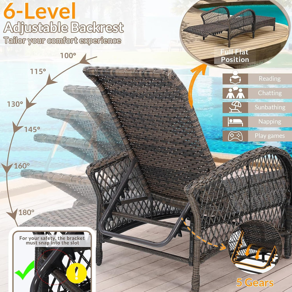 Outdoor Wicker Chaise Lounge Chair with Side Table, All-Weather Patio Lounger Chaise Sunbathing Reclining Chairs with