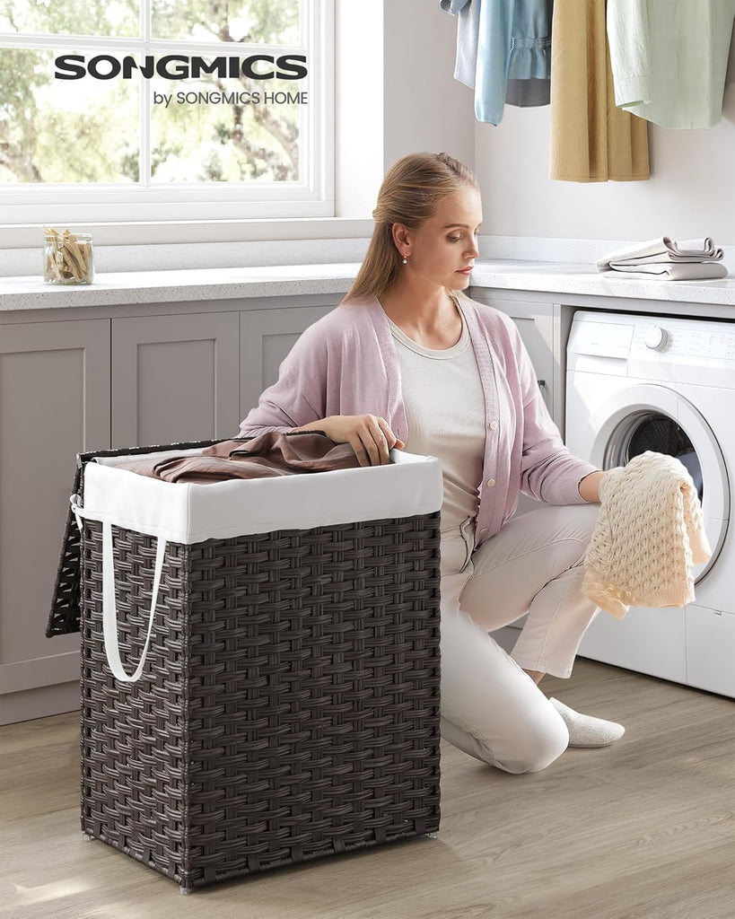 Laundry Hamper with Lid, 23.8 Gallon (90 L) Synthetic Rattan Clothes Laundry Basket with Lid and Handles, Foldable