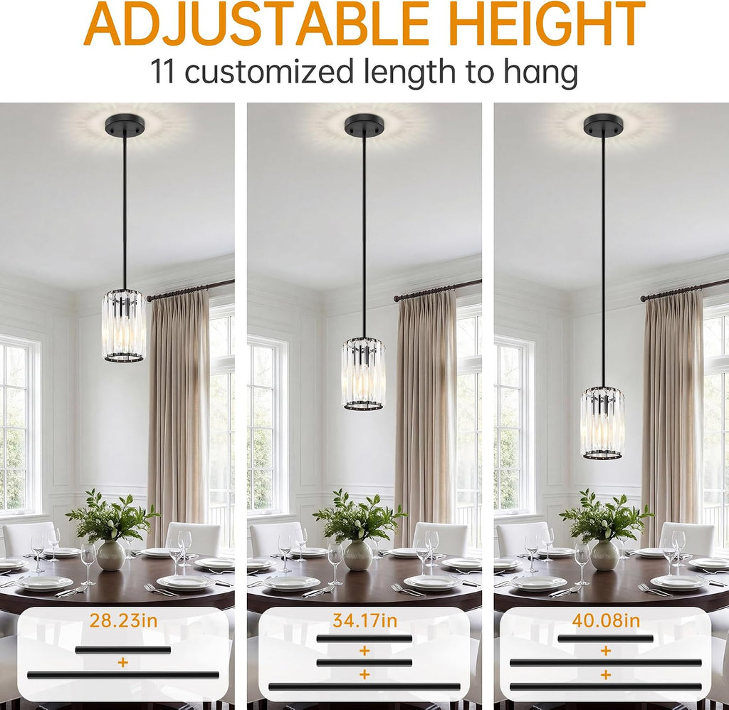 Black Pendant Light, Modern Crystal Pendant Lights Kitchen Island, Kitchen Island Lighting with Adjustable Height, UL