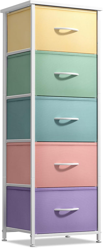 Fabric Dresser for Kids Bedroom - Chest of 5 Drawers, Tall Storage Tower, Clothing Organizer, for Closet, , Steel