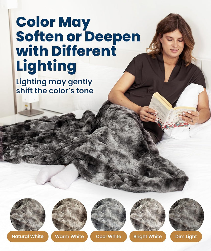 Soft & Comfortable Gray Faux Fur Throw Blanket, Plush Fuzzy Cover