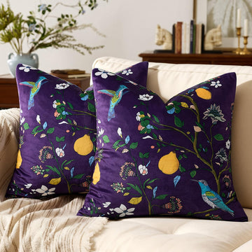 Purple Velvet Floral Decorative 16x16 Pillow Covers Set of 2