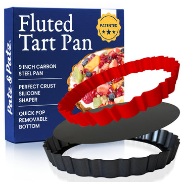 Fluted Tart Pan 9 Inch Removable Bottom with Patented Silicone Crust Shaper | Nonstick Carbon Steel Quiche Baking