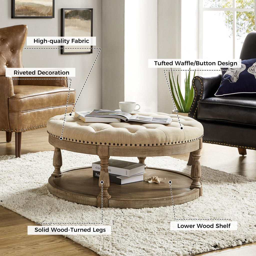 Large Round Ottoman Coffee Table with Storage, Button Tufted Cocktail Ottoman with Shelf & Solid Wood Legs