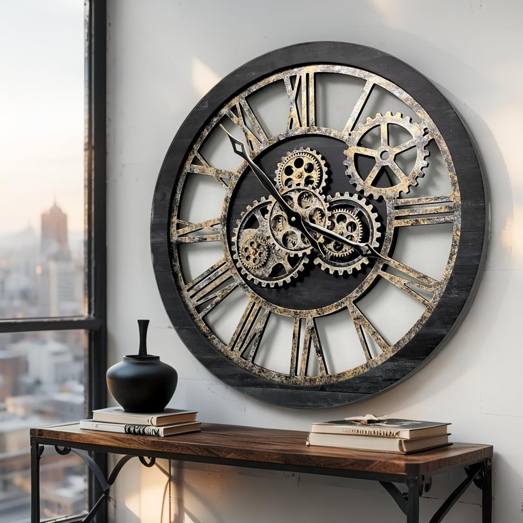 ImprovingLife The Gears Clock The Original Real Moving Gear Wall Clock Vintage Industrial Oversized Rustic Farmhouse (24 inch (60cm),...