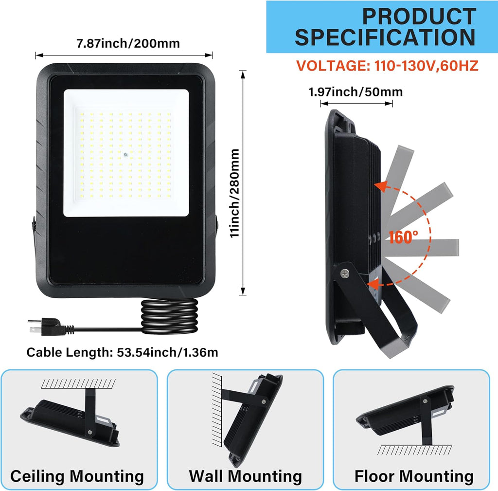 2 Pack LED Flood Lights Outdoor, 100W 10000LM Super Bright Outside Work Light with Plug, IP65 Waterproof, 6500K