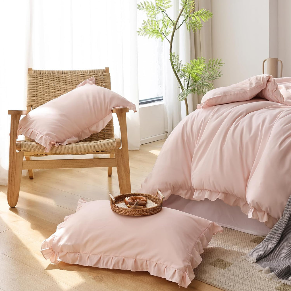 Soft Fluffy Comforter Set 3PCS (1 Ruffled Blush Comforter Set and 2 Pillowcases) Vintage Shabby Chic Bedding