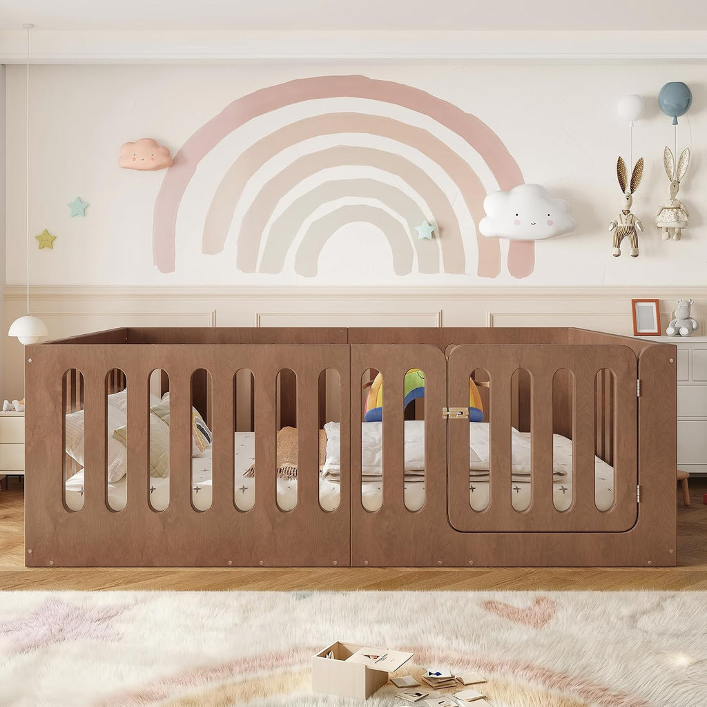 Full Size Wood Montessori Floor Bed Frame with High Fence, Natural | Modern Style Low-Profile Design Floor Bed with