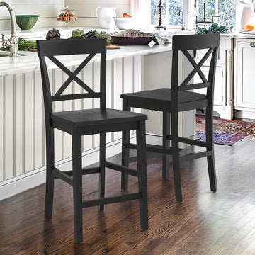Bar Stools Set of 2, 24" Wooden Barstools with X Back, Black
