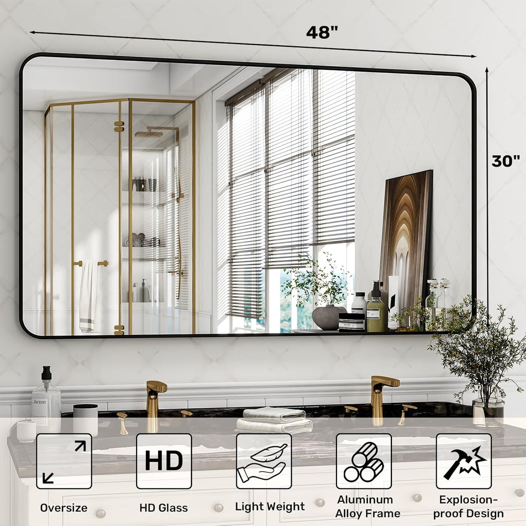 30 x 48 Inch Bathroom Mirror, Rounded Rectangular Vanity Mirror for Wall, Modern Mirror for Room Decor, Black Framed