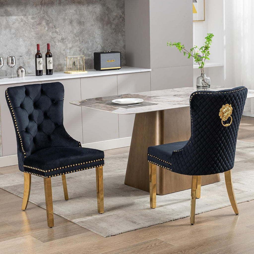 Velvet Dining Chairs Set of 2, Nikki Collection Dining Room Chairs with Gold Metal Legs and Lion Head Pull Ring