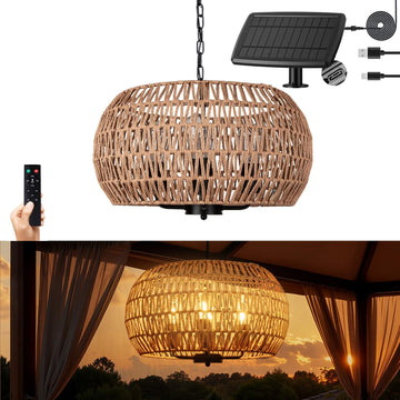 Outdoor Solar Chandelier, 4-Light 19" Rattan Outdoor Chandelier, Hanging Pendant Lights, Waterproof, for Gazebo