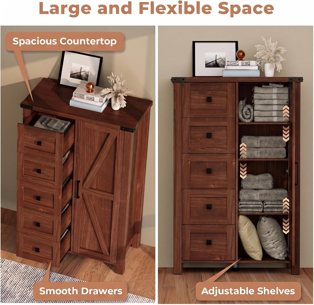 Farmhouse 48 Inch Tall Dresser Chest of Drawer , 5 Drawer Storage Cabinet with Barn Door, Adjustable Shelves, Rustic