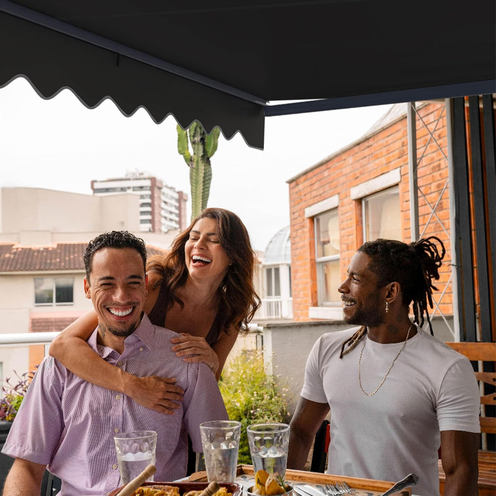 Manual Patio Awning with Black Frame, 13x10 Onyx Black | Hand-crank retractable sunshade, adjustable pitch