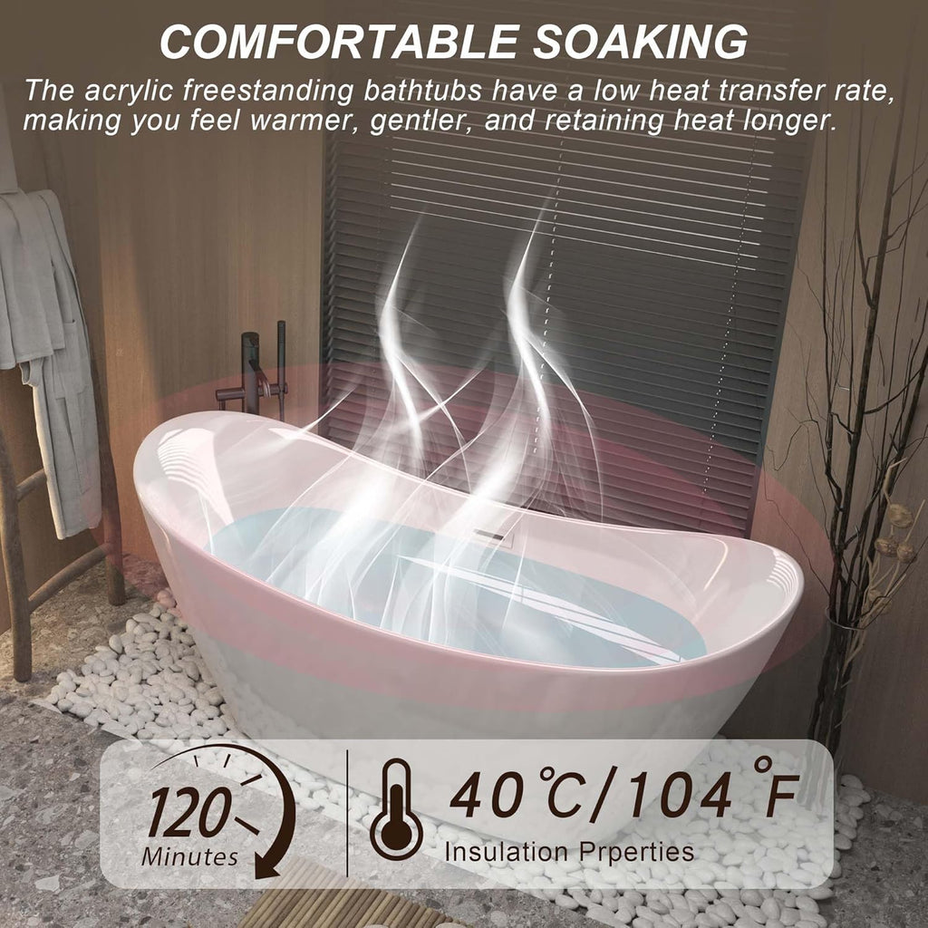 67" Oval Freestanding Soaking Bathtub with Toe-Tap Chrome Drain & Adjustable Leveling Feet, Stand Alone Tub, Acrylic