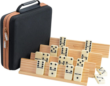 Dominos Set for Adults with 4 Domino Racks Double Six Dominoes Set in Portable Case with 4 Wooden Domino Holders - Set of 4