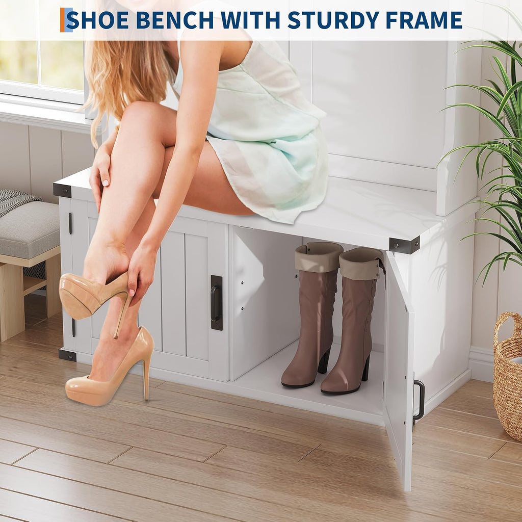 Farmhouse Hall Tree with Bench and Shoe Storage, 77" Tall Entryway Hall Tree w/ 5 Tri-Hooks Coat Rack, Mudroom Rack