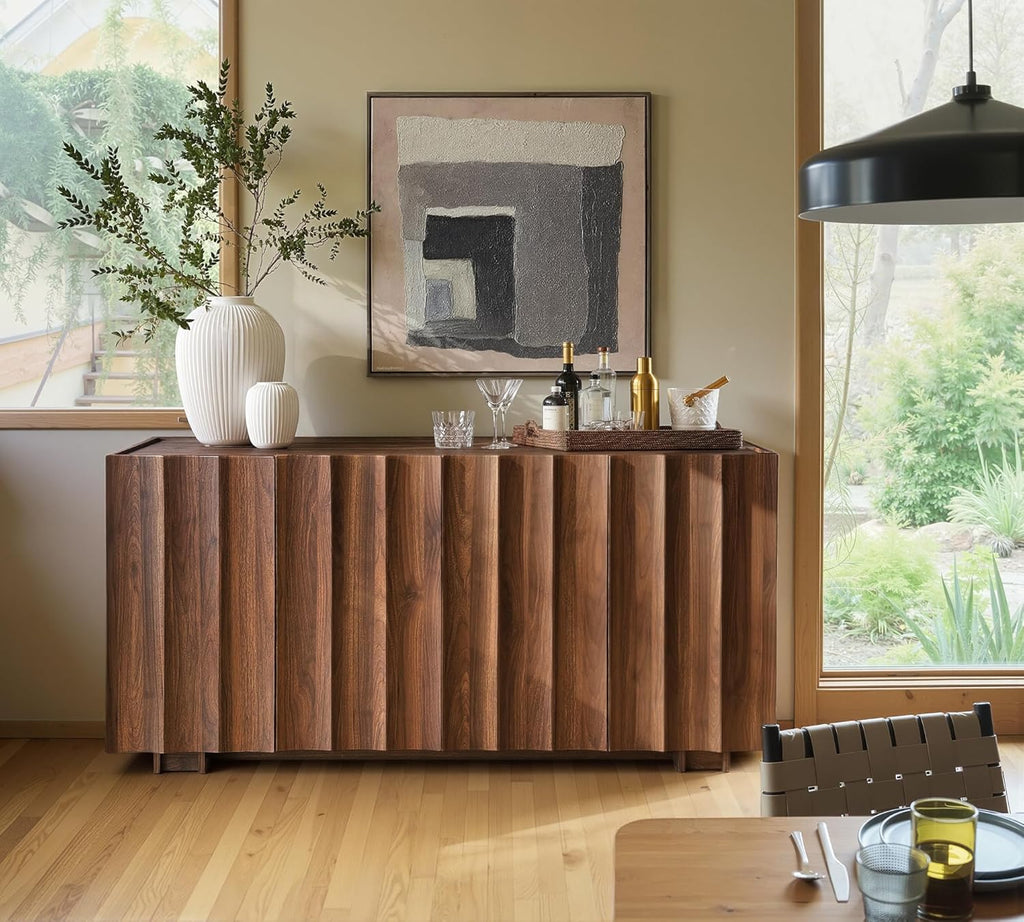 Buffet Cabinet with Storage, Mid Century Modern Sideboard with Wave Design, Wood Grain Finish