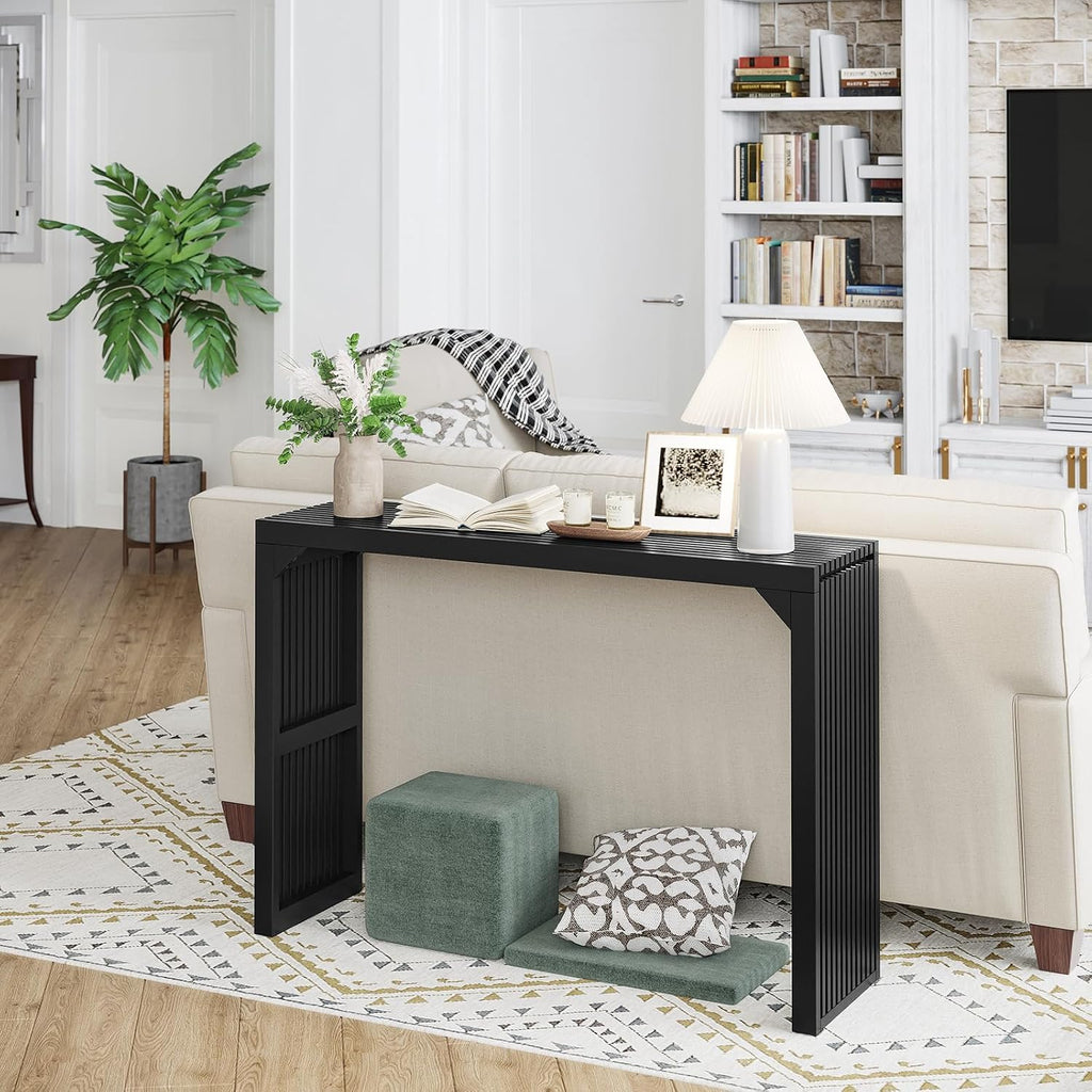 Narrow Console Table - 46" Solid Wood Farmhouse Table with Storage (Black)