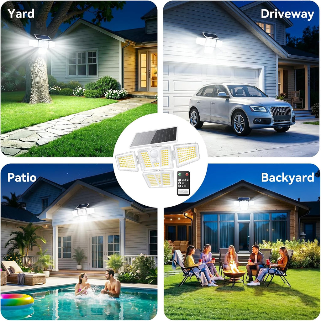 Solar Lights Outdoor White,3600LM Motion Sensor Outdoor Lights | 4 Heads 270° Solar Flood Lights Outdoor, Remote & 3